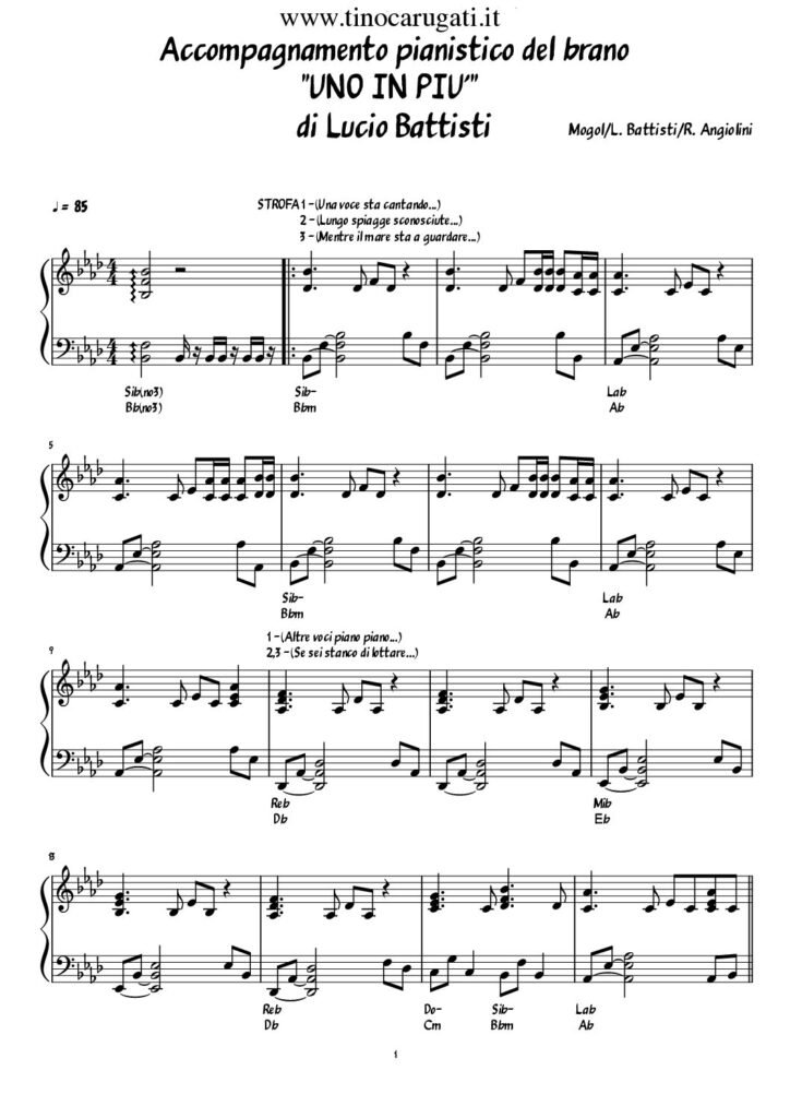 Spartito Pianoforte "UNO IN PIU'" Lucio Battisti