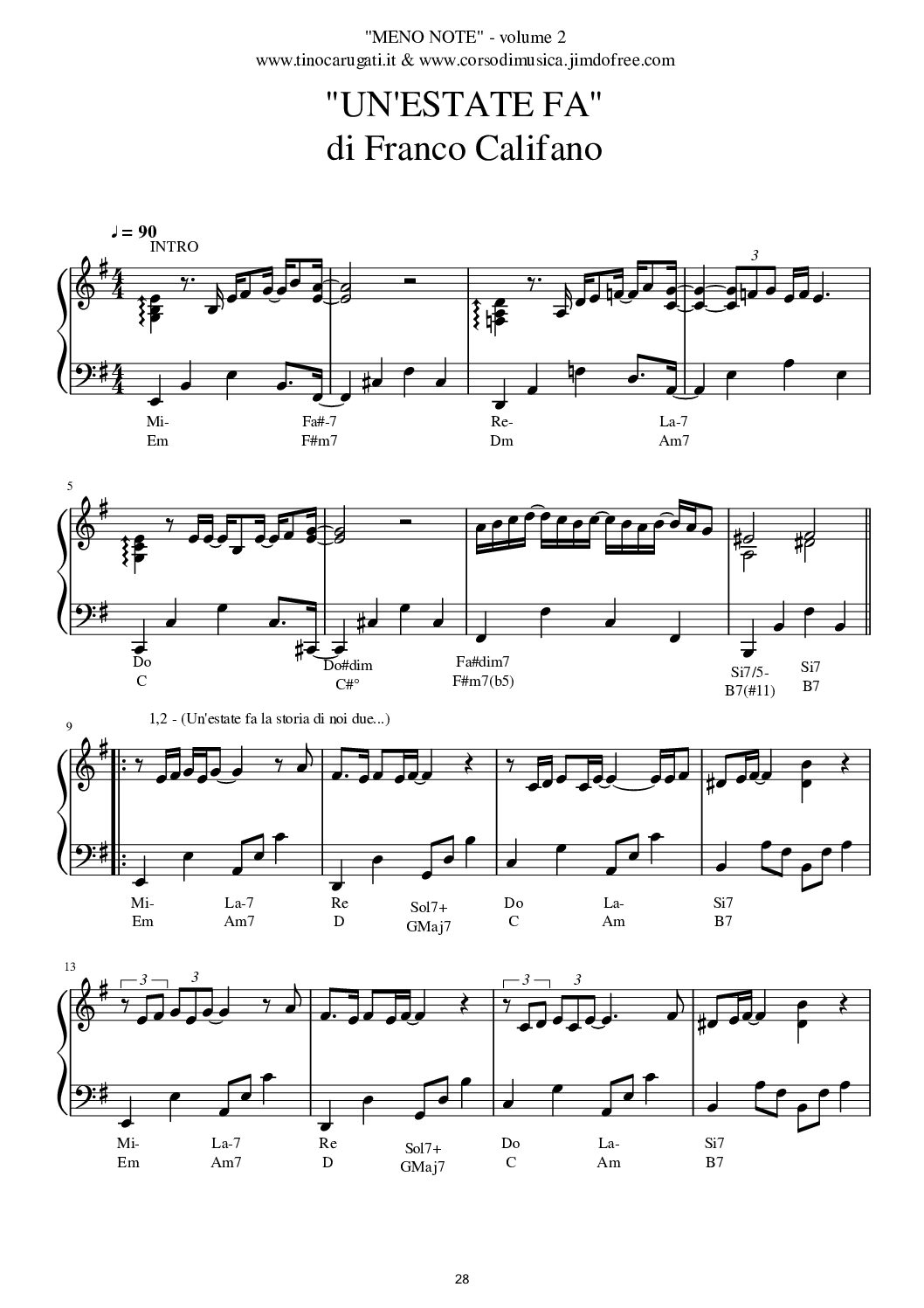 Un' Estate fa - F. Califano - Spartito in pianismo melodico facilitato