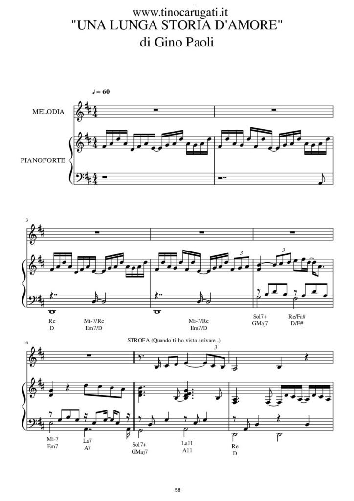 Spartito Pianoforte "UNA LUNGA STORIA D'AMORE" Gino Paoli - Accompagnamento + melodia