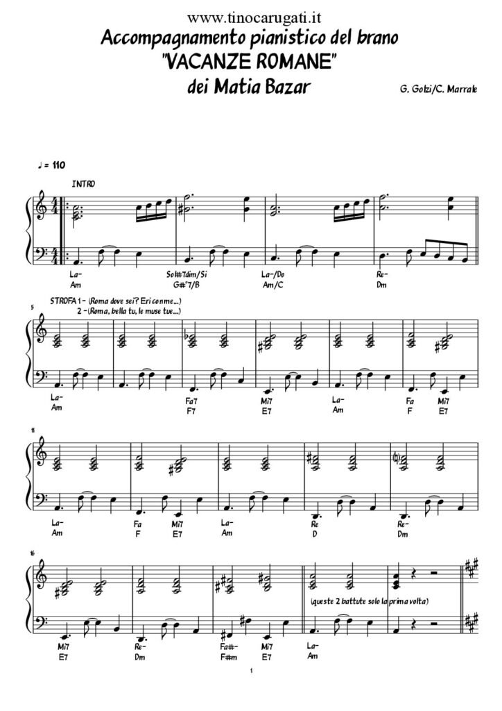 Spartito Pianoforte "VACANZE ROMANE" Matia Bazar