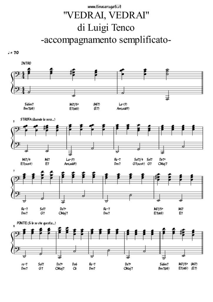 Spartito Pianoforte "VEDRAI, VEDRAI" Luigi Tenco - In Lam