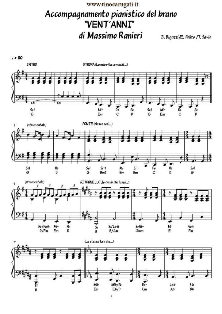 Spartito Pianoforte "VENT'ANNI Massimo Ranieri