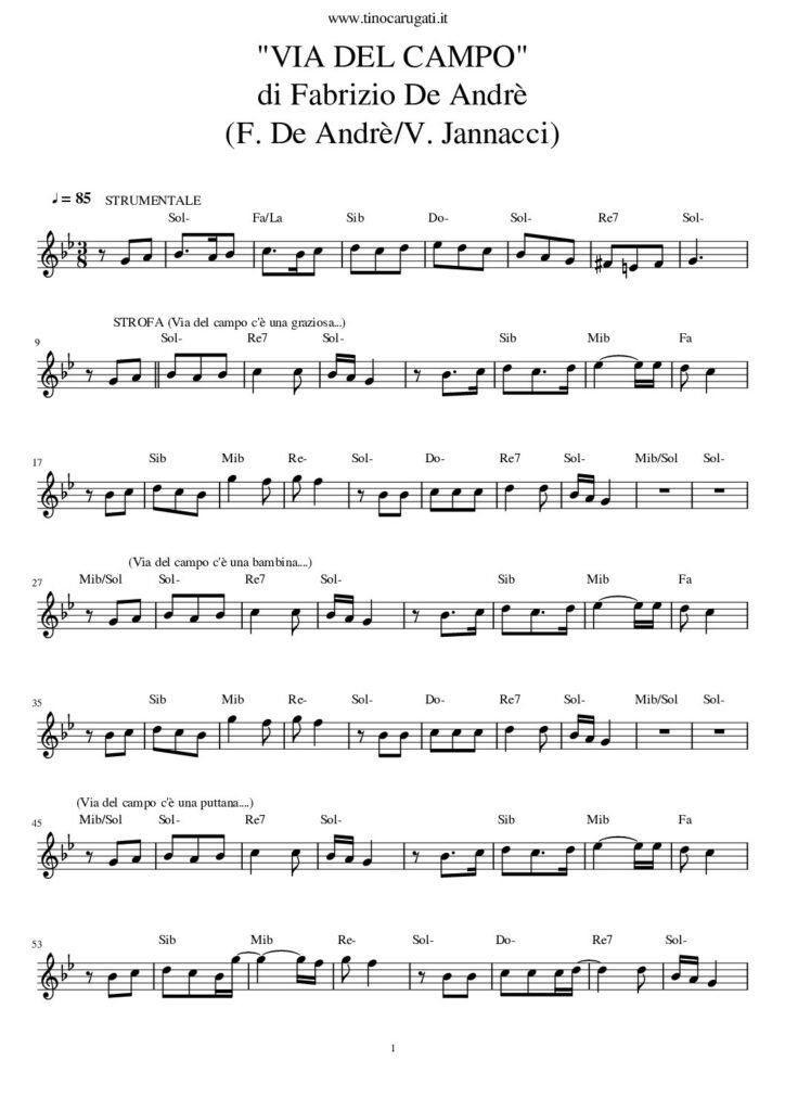 Spartito Pianoforte "VIA DEL CAMPO" Fabrizio De Andrè - Melodia + accordi