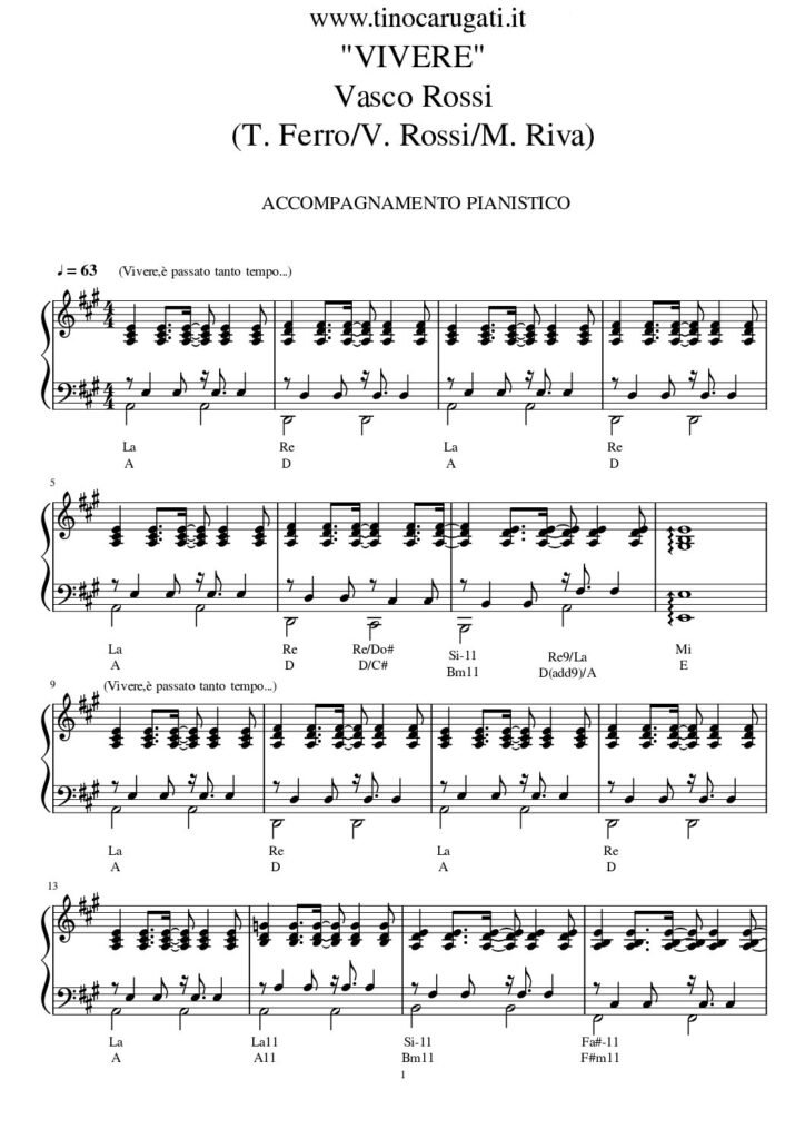 Spartito Pianoforte "VIVERE" Vasco Rossi
