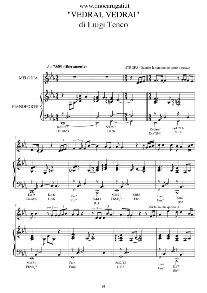 Spartito Pianoforte "VEDRAI, VEDRAI" Luigi Tenco - Accompagnamento + melodia