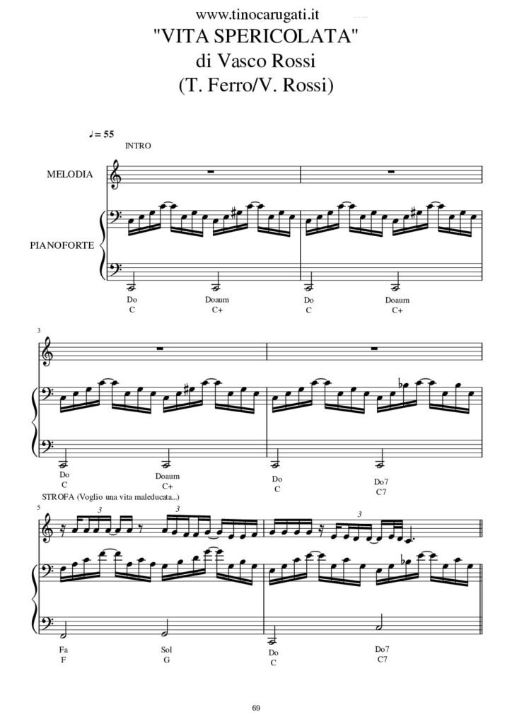 Spartito Pianoforte "VITA SPERICOLATA" Vasco Rossi - Accompagnamento + melodia