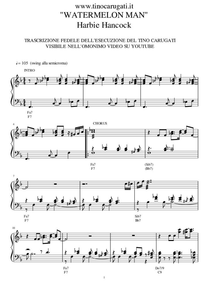 Spartito Pianoforte "WATERMELON MAN" Harbie Hancock