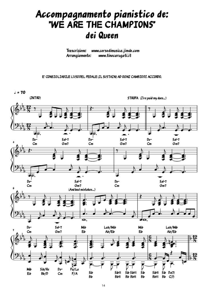 Spartito Pianoforte "WE ARE THE CHAMPIONS" Queen