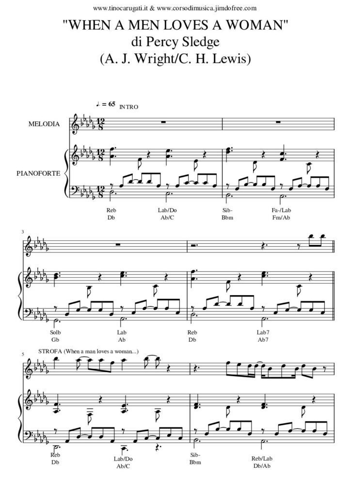 Spartito Pianoforte "WHEN A MAN LOVES A WOMAN" Percy Sledge - Accompagnamento + melodia
