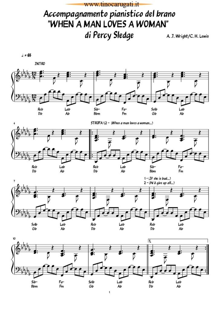 Spartito Pianoforte "WHEN A MAN LOVES A WOMAN" Percy Sledge
