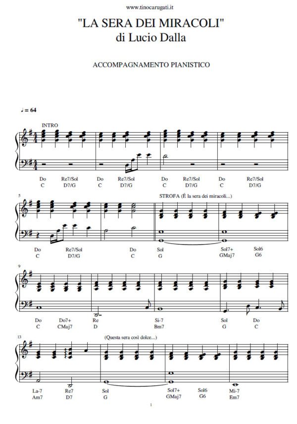 Spartito Pianoforte  "La SERA DEI MIRACOLI"  Lucio Dalla