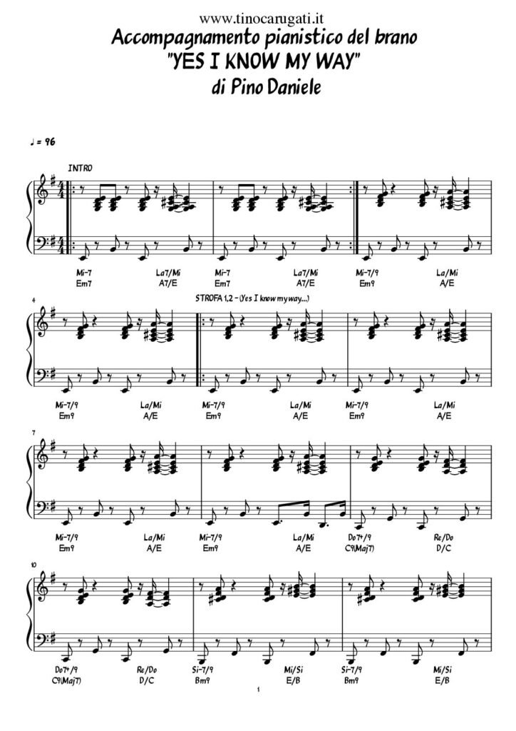 Spartito Pianoforte "YES I KNOW MY WAY" Pino Daniele