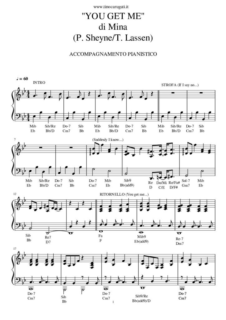 Spartito Pianoforte  "YOU GET ME"  Mina