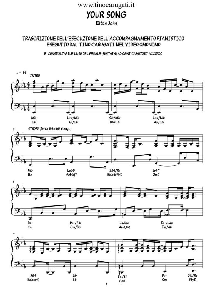 Spartito Pianoforte  "YOUR SONG"  Elton John