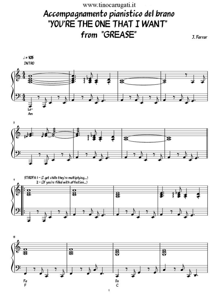 Spartito Pianoforte "YOU ARE THE ONE THAT I WANT" John Travolta & Olivia Newton John