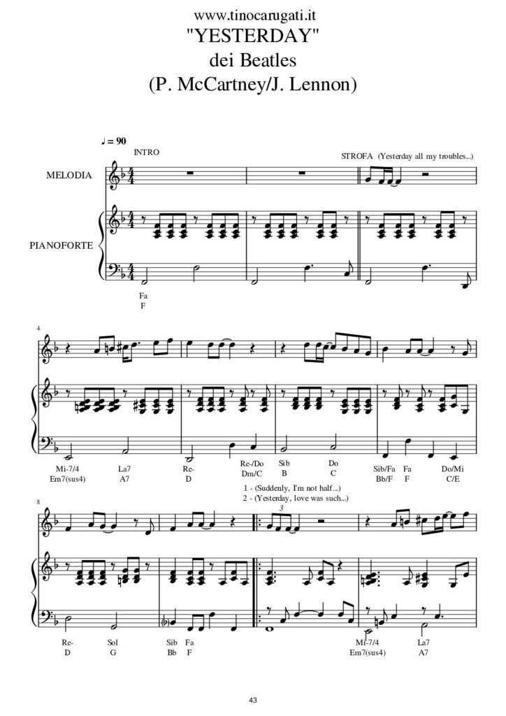 Spartito Pianoforte "YESTERDAY" The Beatles - Accompagnamento + melodia