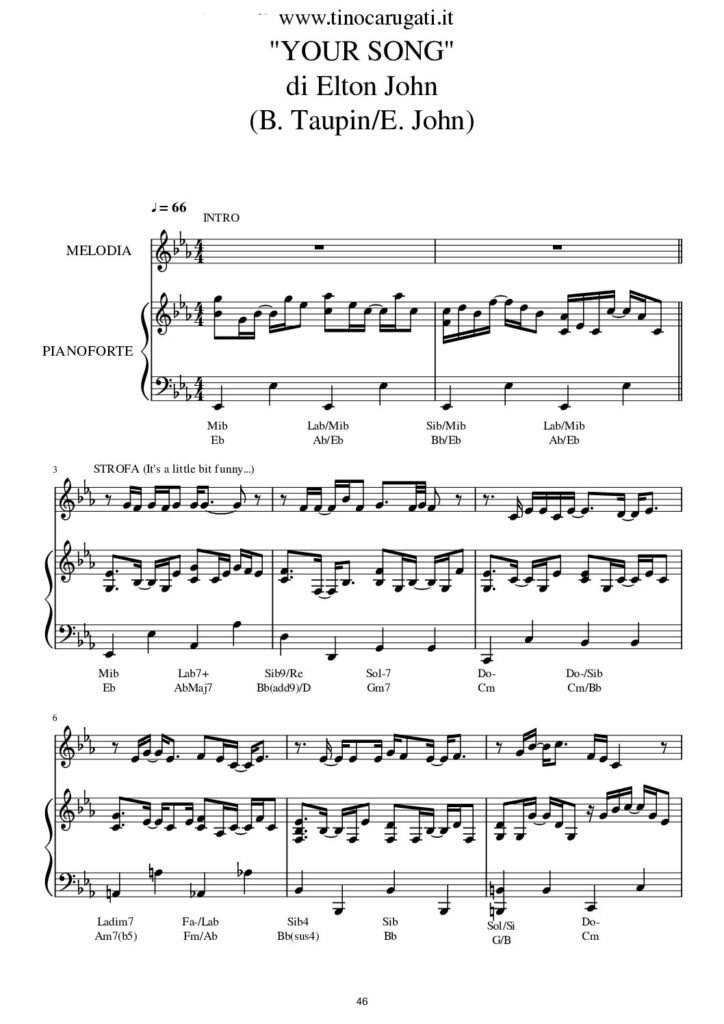 Spartito Pianoforte  "YOUR SONG"  Elton John - Accompagnamento + melodia