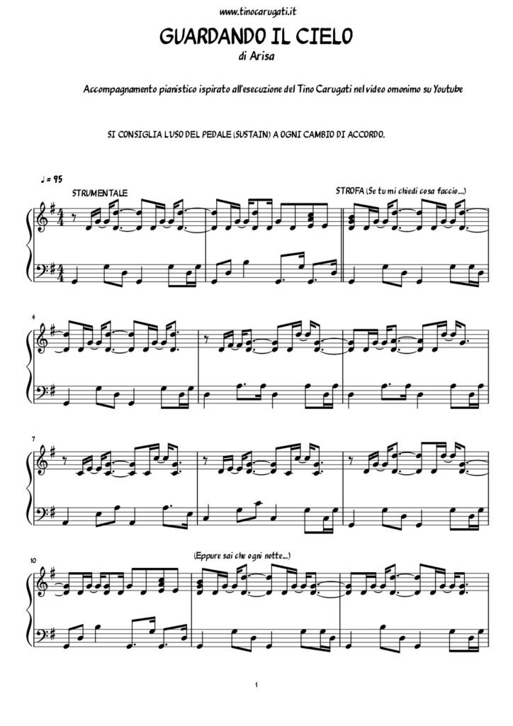 Spartito Pianoforte "GUARDANDO IL CIELO" Arisa