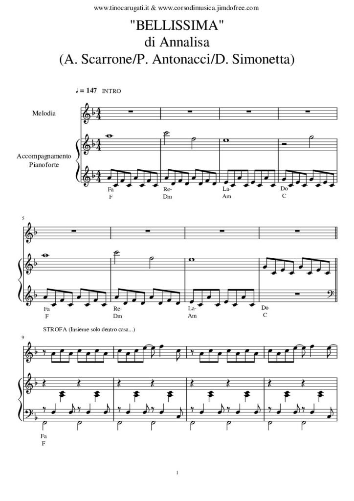 Spartito Pianoforte "BELLISSIMA" Annalisa - Accompagnamento + melodia