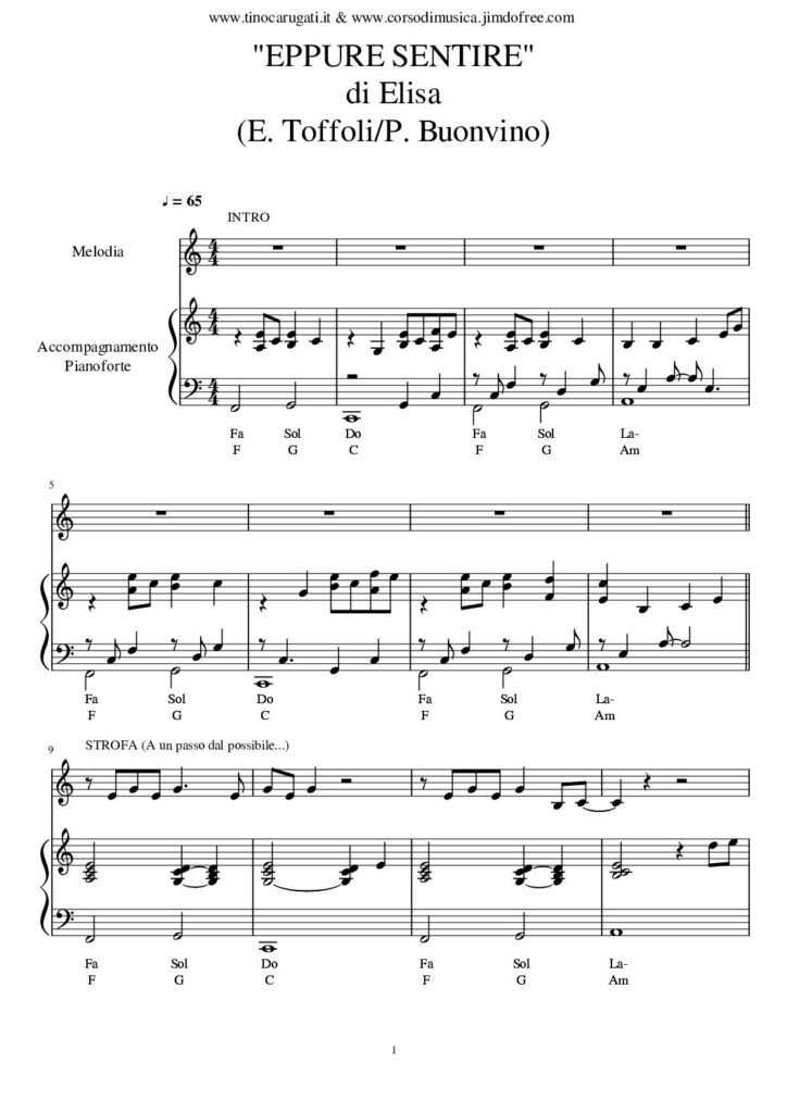 Spartito Pianoforte "EPPURE SENTIRE" Elisa - Accompagnamento + melodia