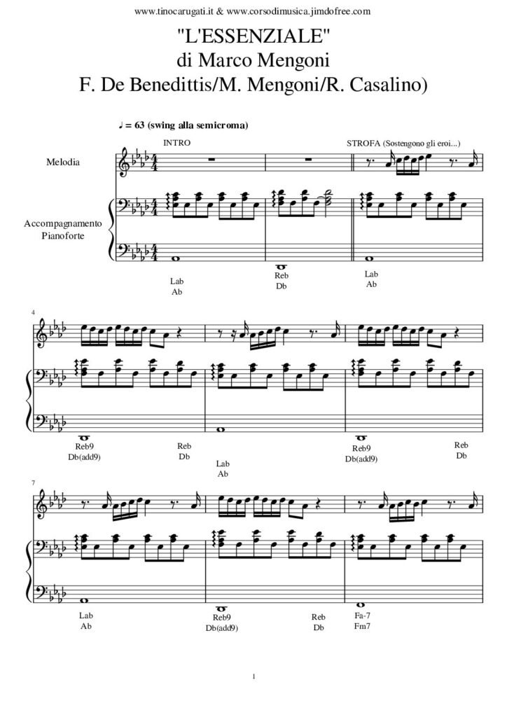 Spartito Pianoforte "L'ESSENZIALE" Marco Mengoni - Accompagnamento + melodia