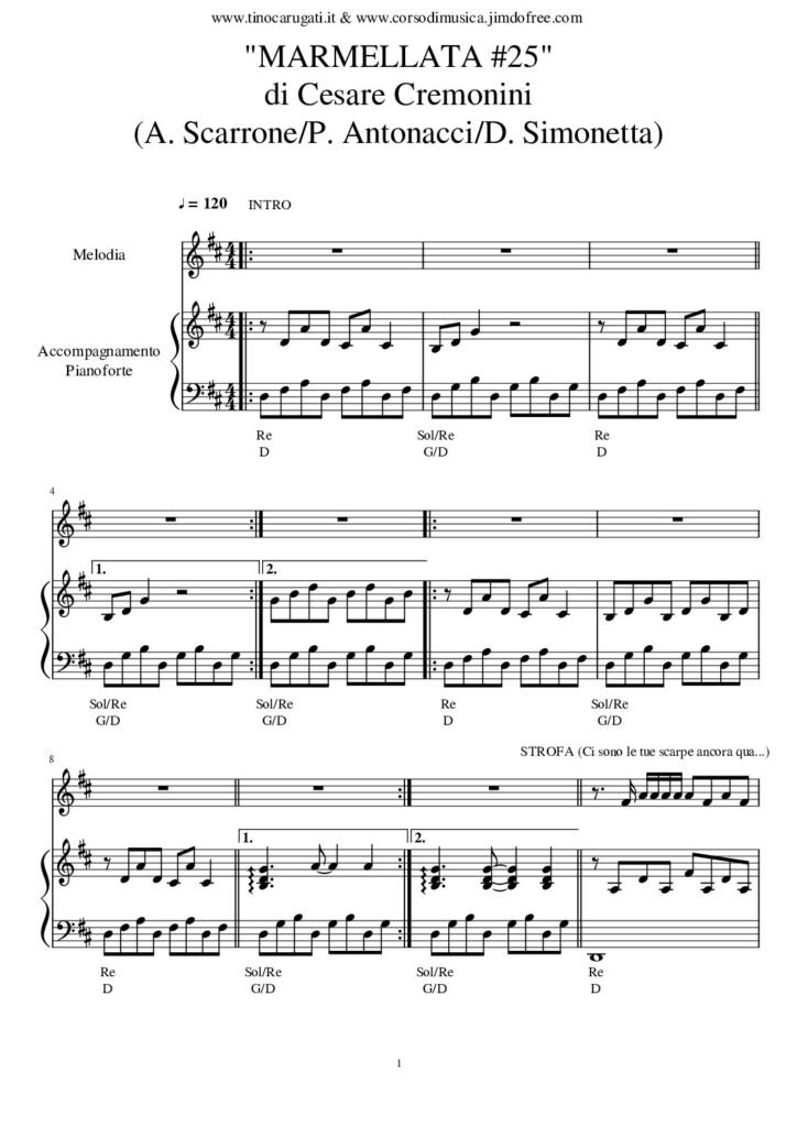 Spartito Pianoforte "MARMELLATA #25" Cesare Cremonini - Accompagnamento + melodia