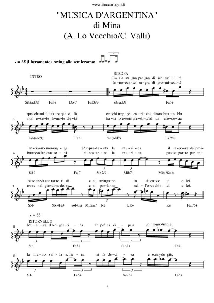 Spartito Pianoforte "MUSICA D'ARGENTINA" Mina - melodia, accordi e testo