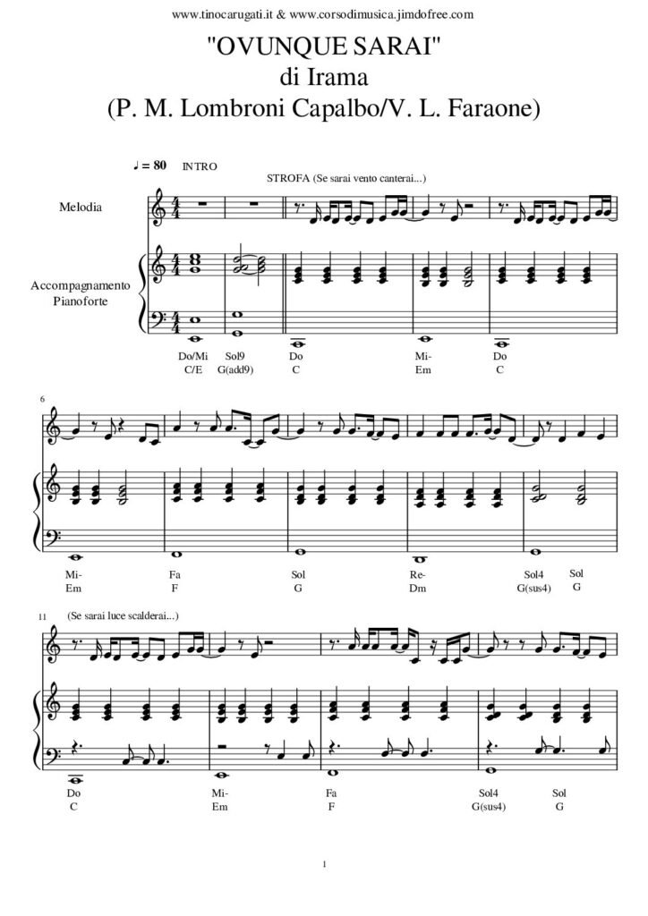 Spartito Pianoforte "OVUNQUE SARAI" Irama - Accompagnamento + melodia
