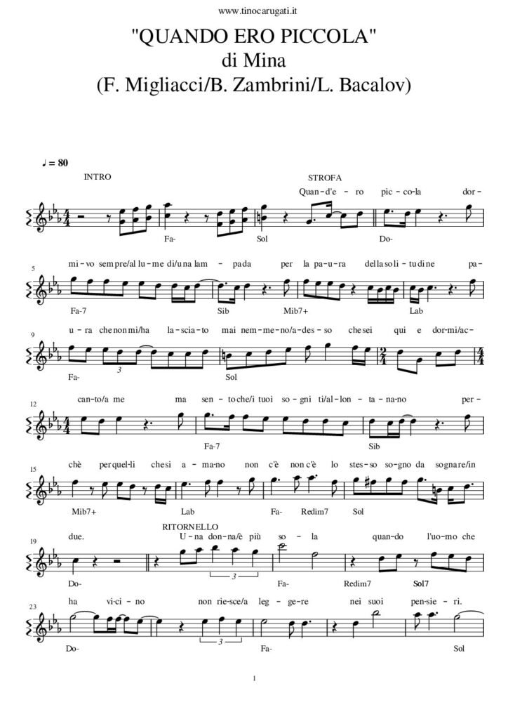 Spartito Pianoforte "QUANDO ERO PICCOLA" Mina - melodia, accordi e testo
