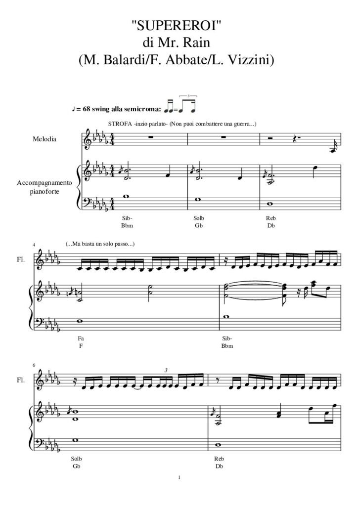 Spartito Pianoforte "SUPEREROI" Mr. Rain - Accompagnamento + melodia
