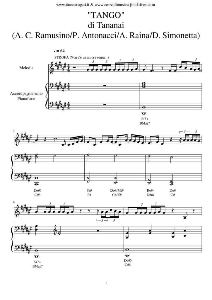 Spartito Pianoforte "TANGO" Tananai Accompagnamento + melodia
