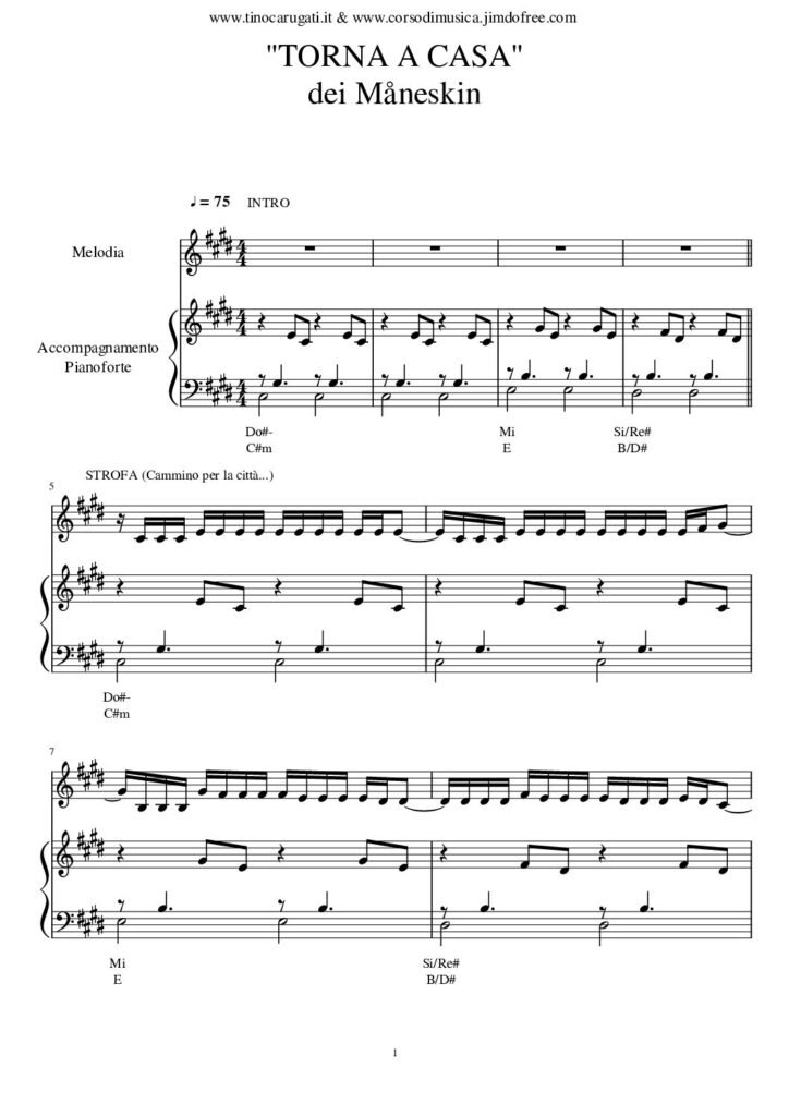 Spartito Pianoforte "TORNA A CASA" Maneskin - Accompagnamento + melodia