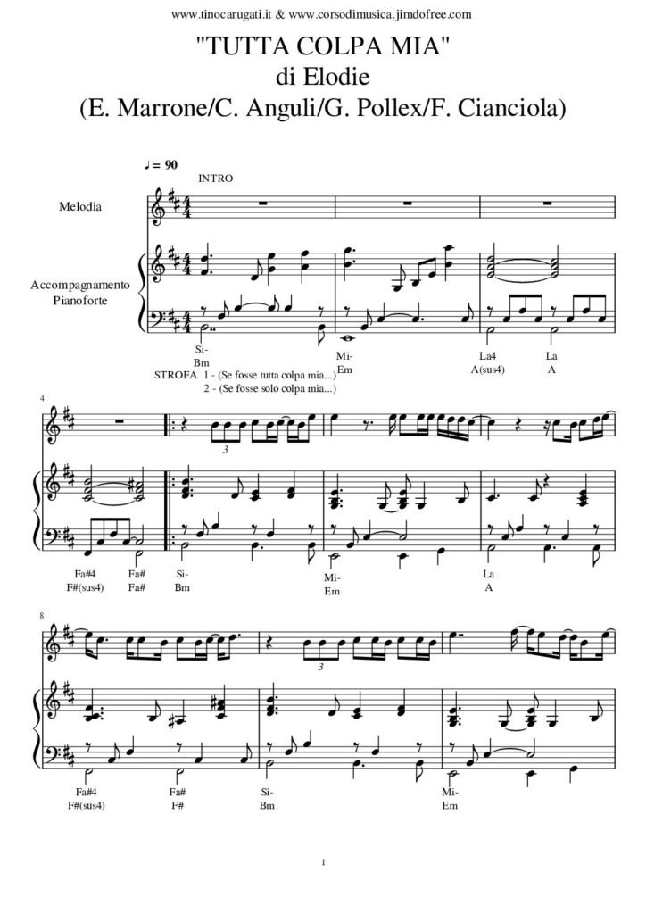 Spartito Pianoforte "TUTTA COLPA MIA" Elodie - Accompagnamento + melodia