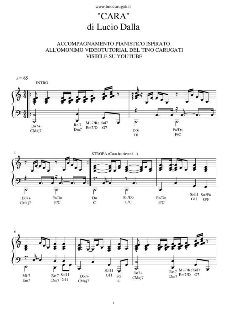 Spartito Pianoforte "CARA" Lucio Dalla