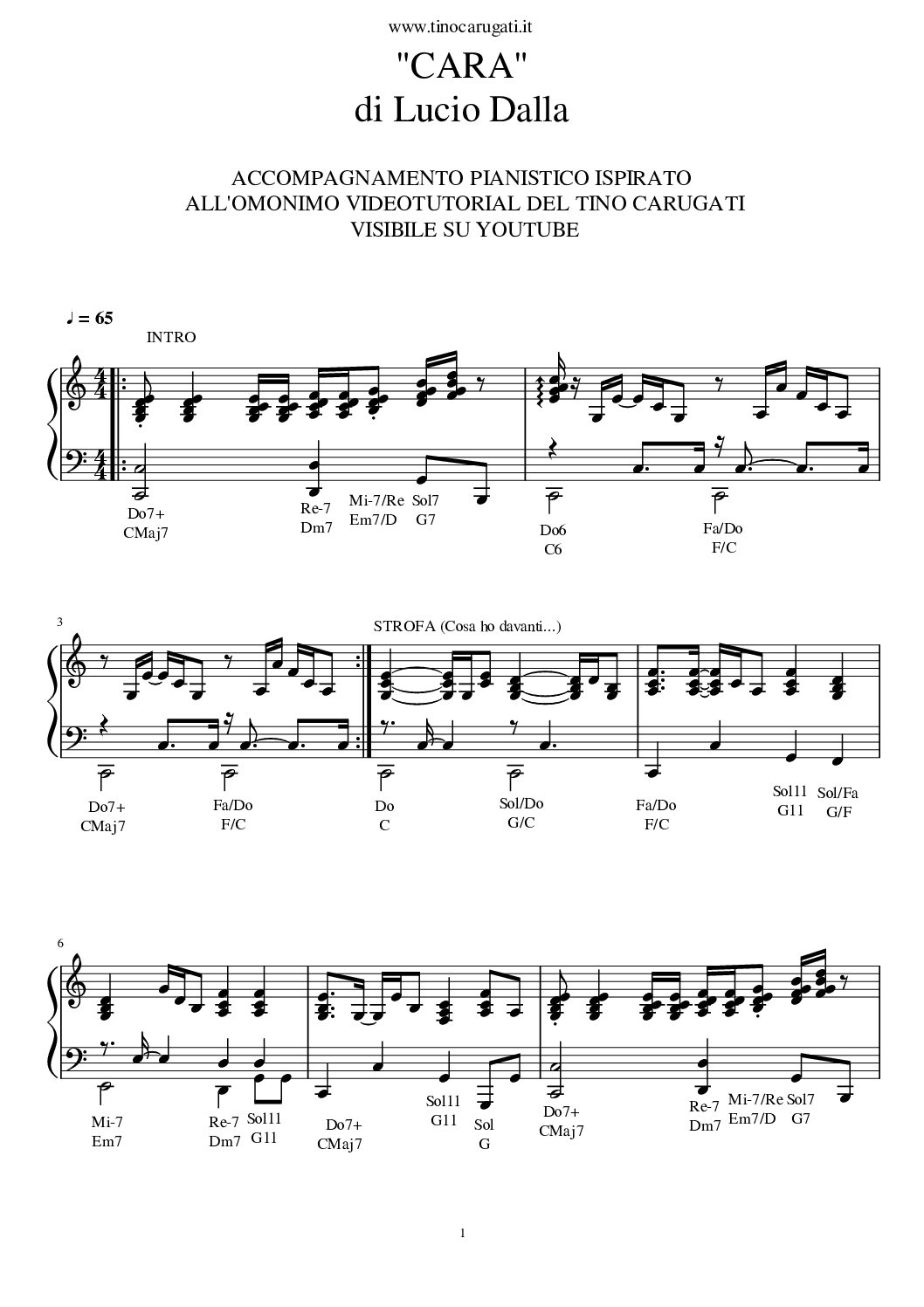Spartito Pianistico "CARA" Lucio Dalla