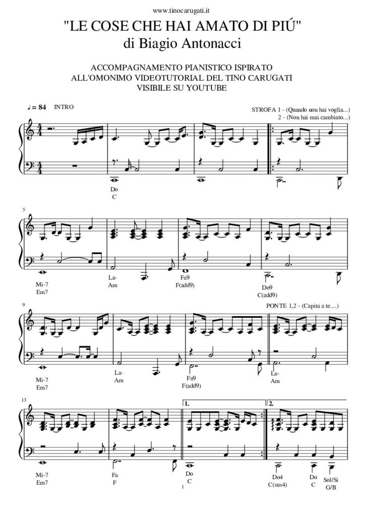 Spartito Pianoforte "LE COSE CHE HAI AMATO DI PIU'" Biagio Antonacci