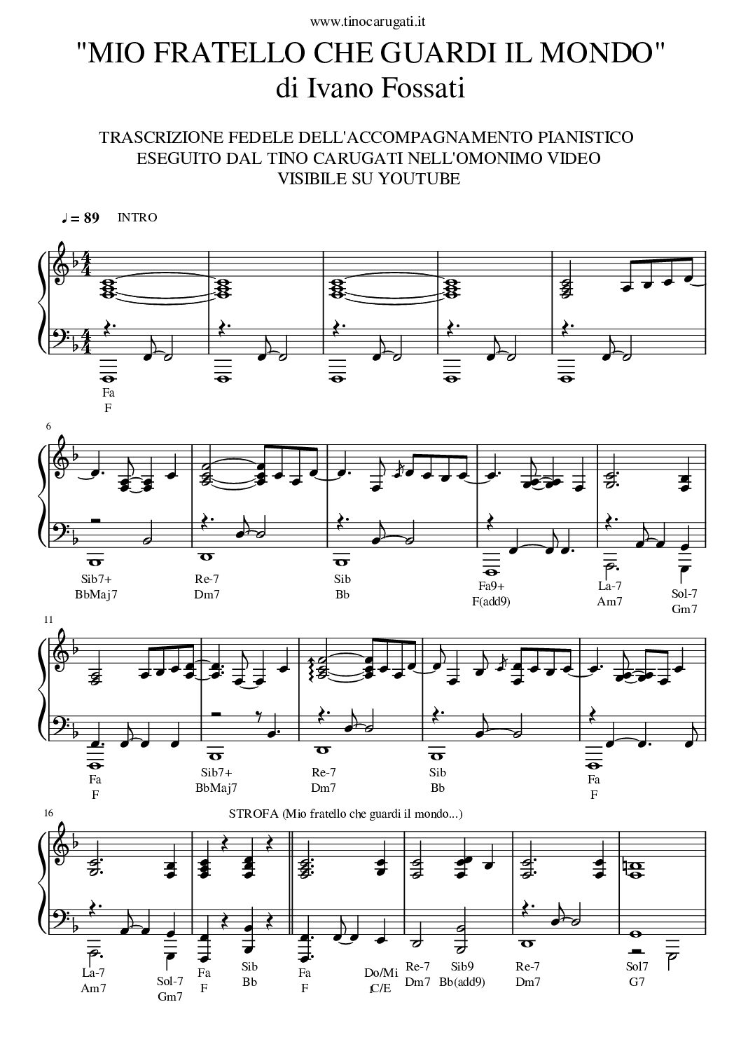 Spartito Pianoforte "MIO FRATELLO CHE GUARDI IL MONDO" Ivano Fossati