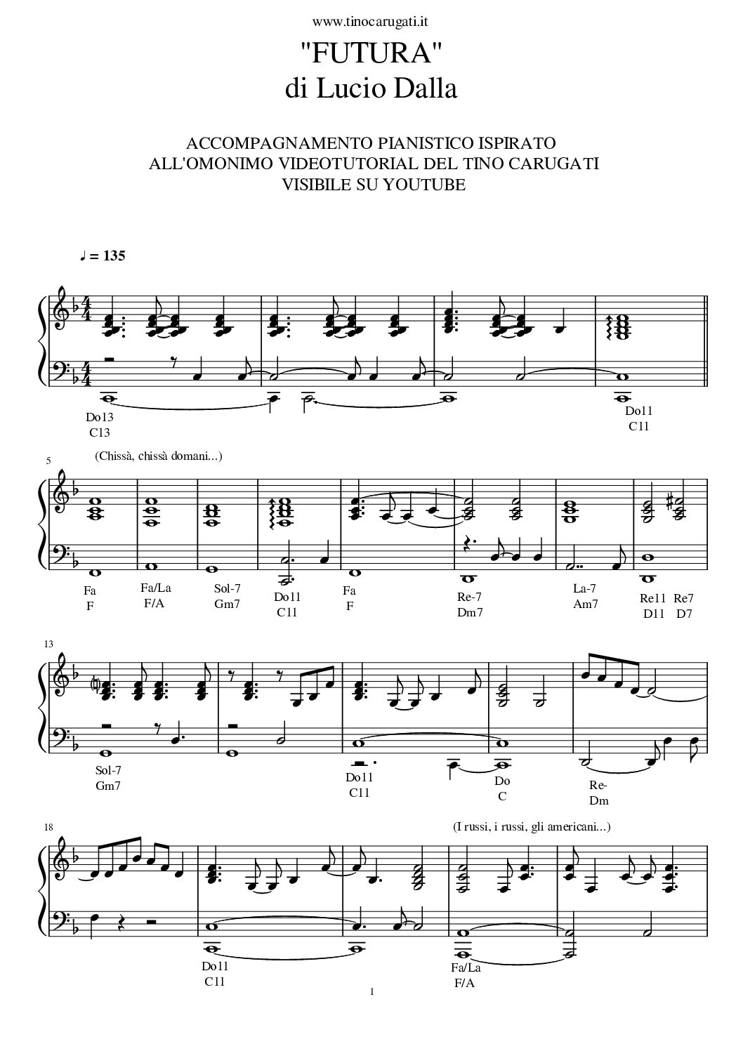 Spartito Pianoforte "FUTURA" Lucio Dalla