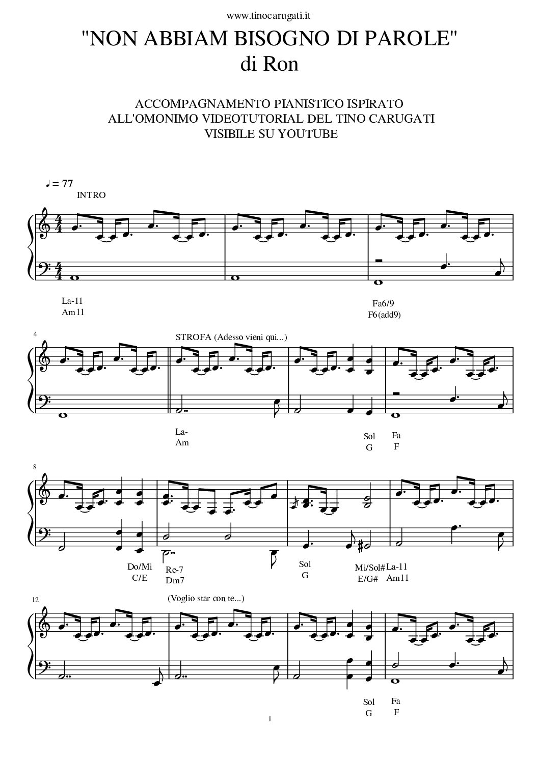 Spartito Pianoforte "NON ABBIAM BISOGNO DI PAROLE" Ron