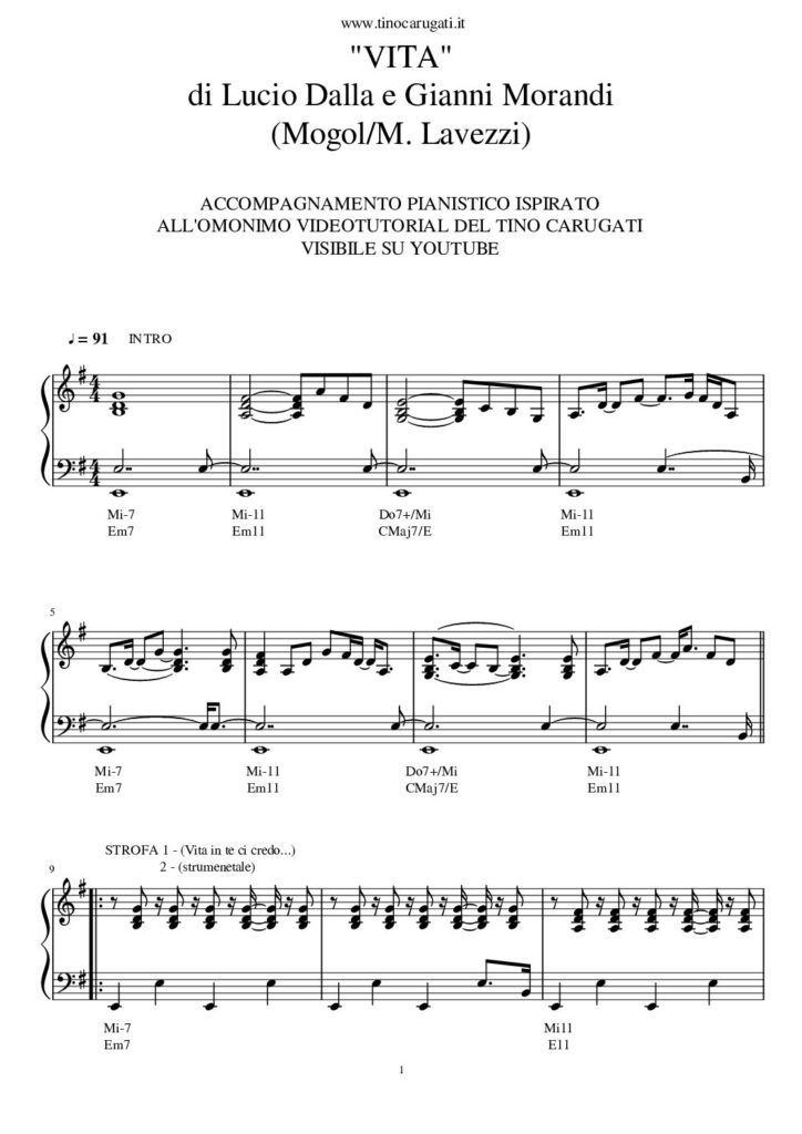 Spartito Pianoforte "VITA" Lucio Dalla & Gianni Morandi
