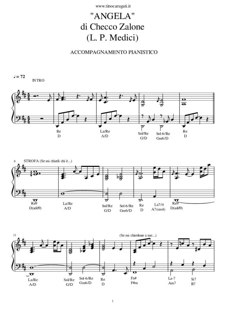 Spartito Pianoforte "ANGELA" Checco Zalone