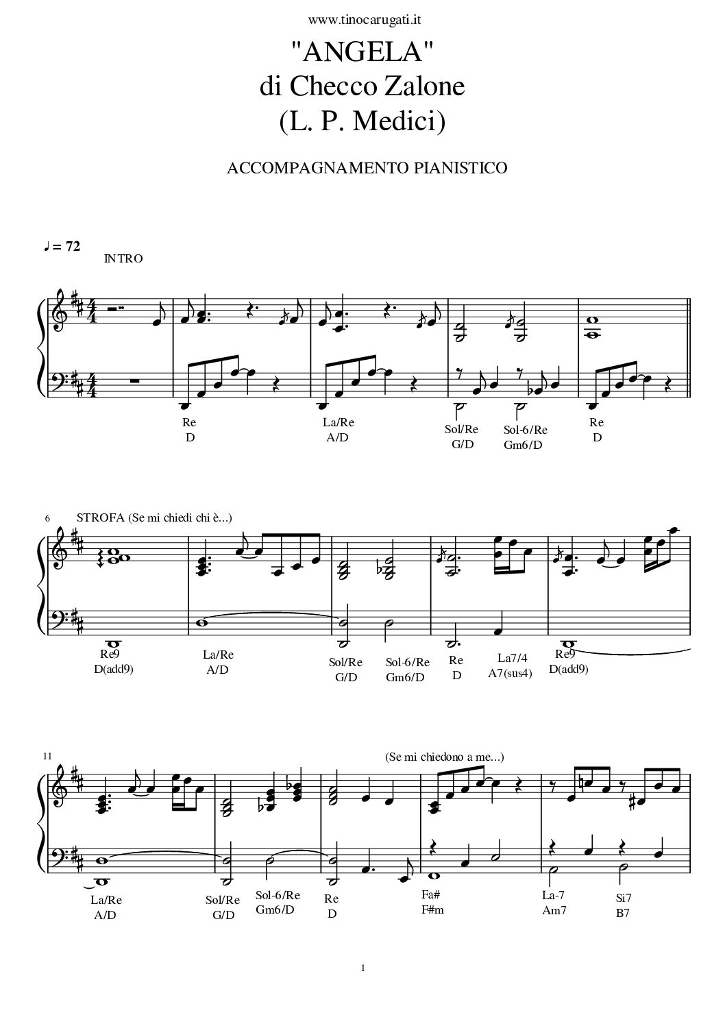 Spartito Pianoforte "ANGELA" Checco Zalone