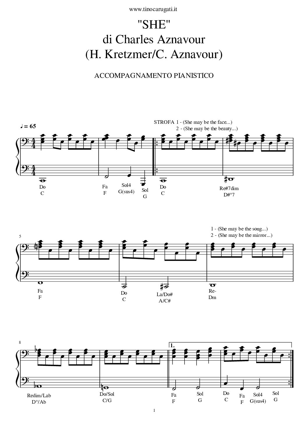 Spartito pianoforte "SHE'" Charles Aznavour