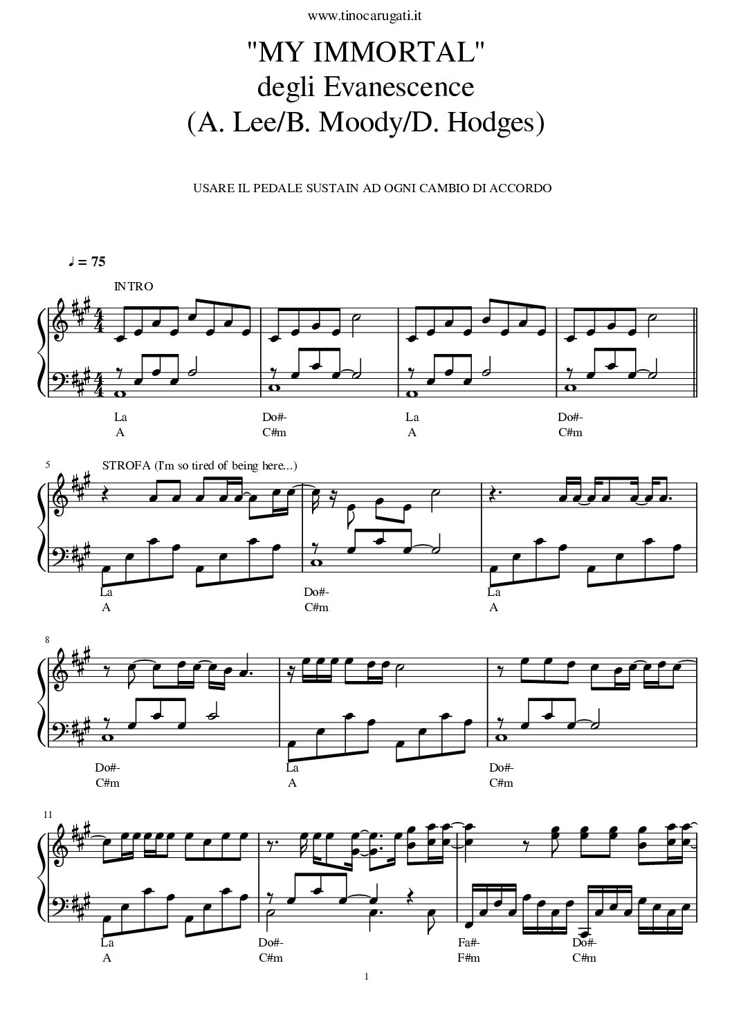 Spartito Pianoforte "MY IMMORTAL" Evanescence