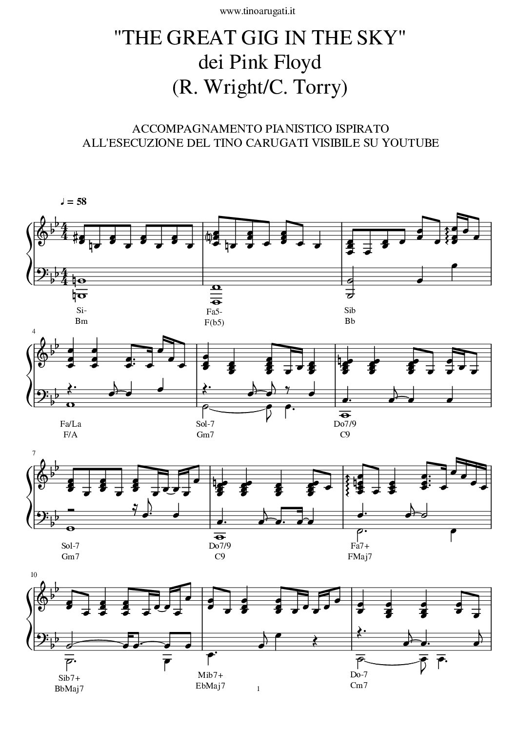 Spartito Pianoforte "THE GREAT GIG IN THE SKY" Pink Floyd