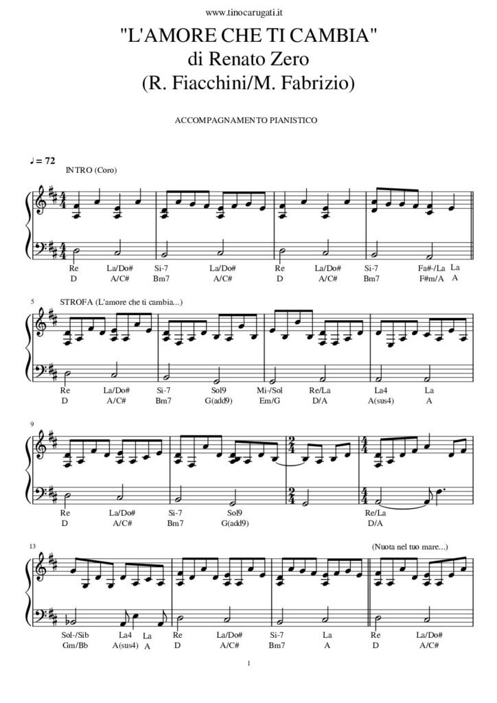 Spartito Pianoforte "L'AMORE CHE TI CAMBIA" Renato Zero