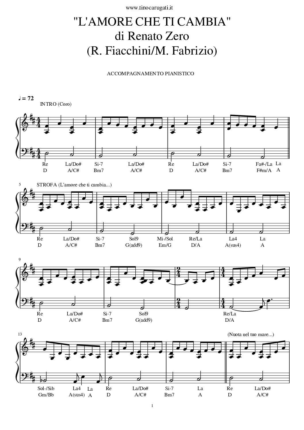 Spartito Pianoforte "L'AMORE CHE TI CAMBIA"  Renato Zero