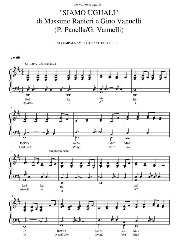 Spartito Pianoforte "SIAMO UGUALI" Gino Vannelli & Massimo Ranieri