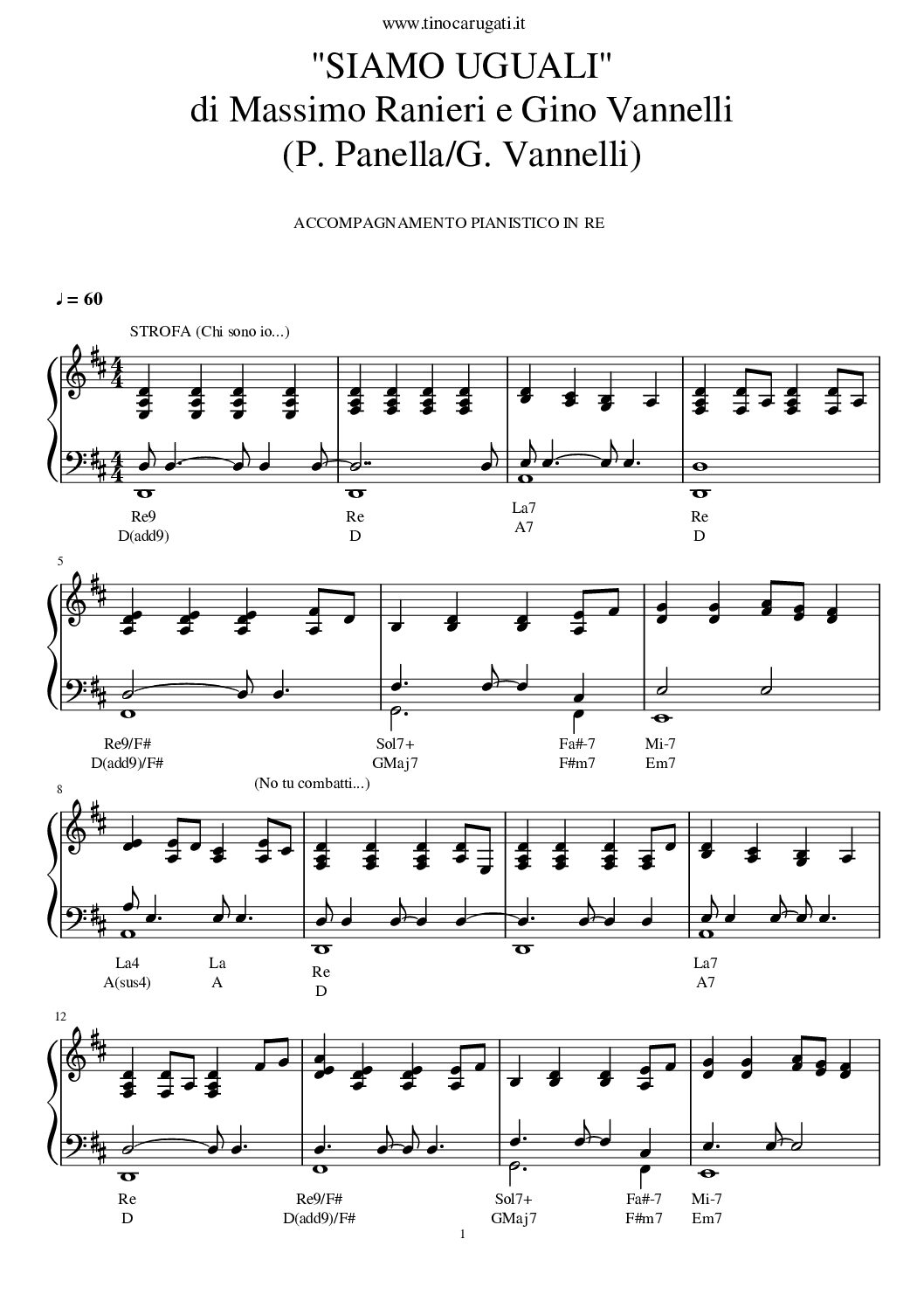 Spartito Pianoforte "SIAMO UGUALI" Gino Vannelli & Massimo Ranieri