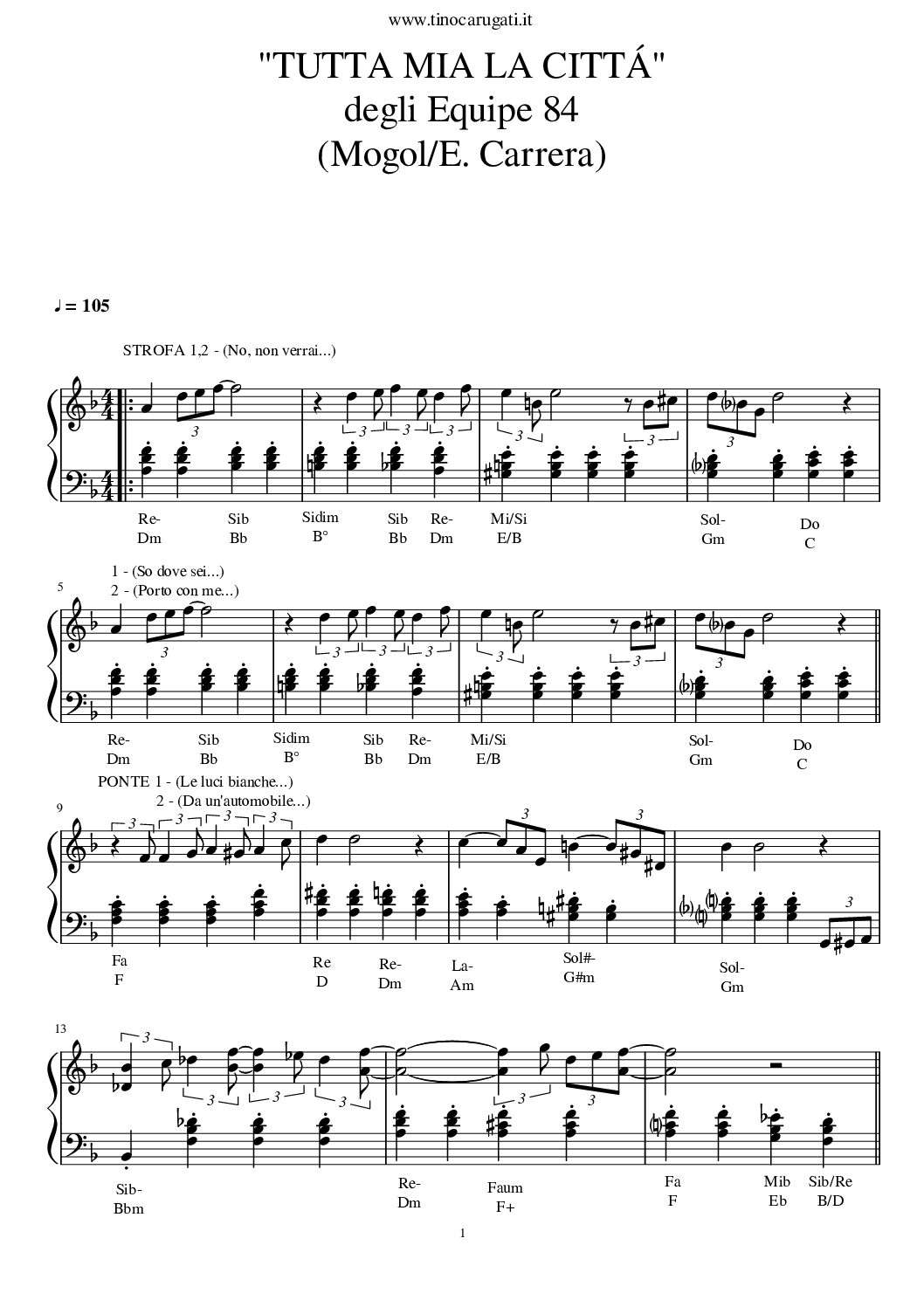 Spartito Pianoforte  "TUTTA MIA LA CITTA'"  Equipe 84 - In Pianismo melodico